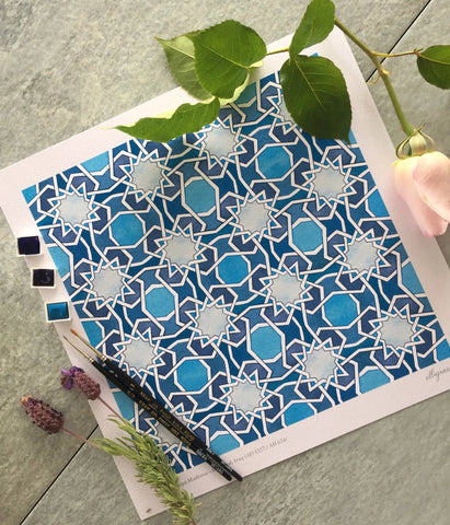 Mustansiriya Tile - Blues - Art Print