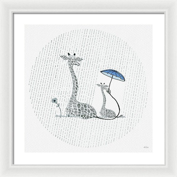 Giraffe Mumma Love - Blue - Framed Print