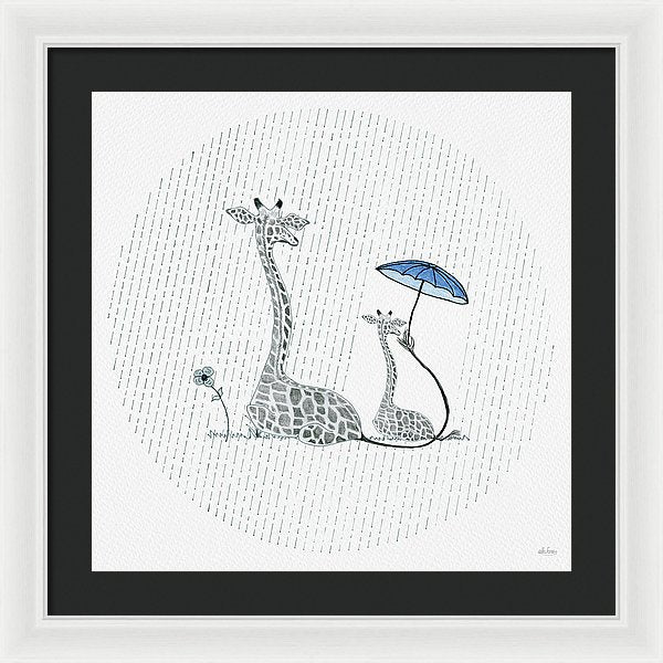 Giraffe Mumma Love - Blue - Framed Print